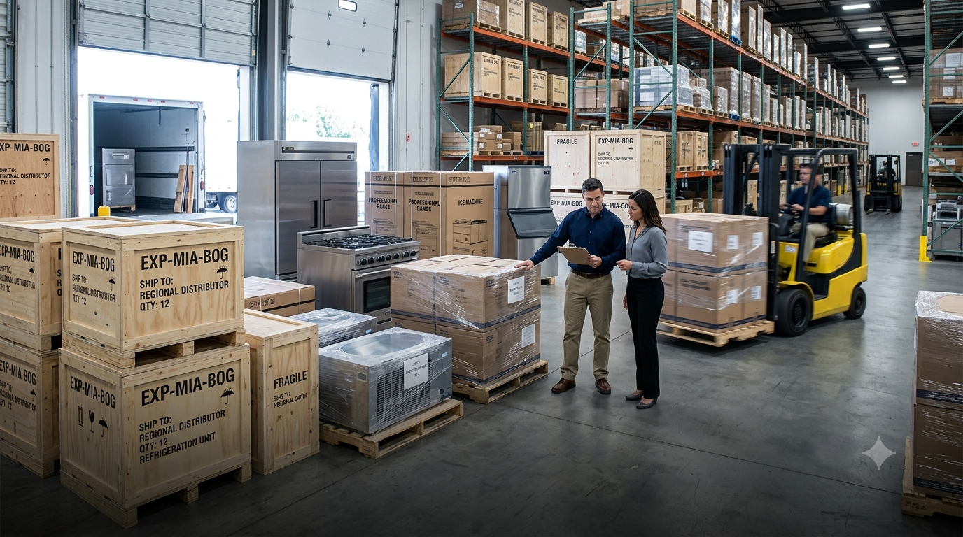 Depósito de GA Instalaciones con equipamiento listo para exportación a distribuidores de la región