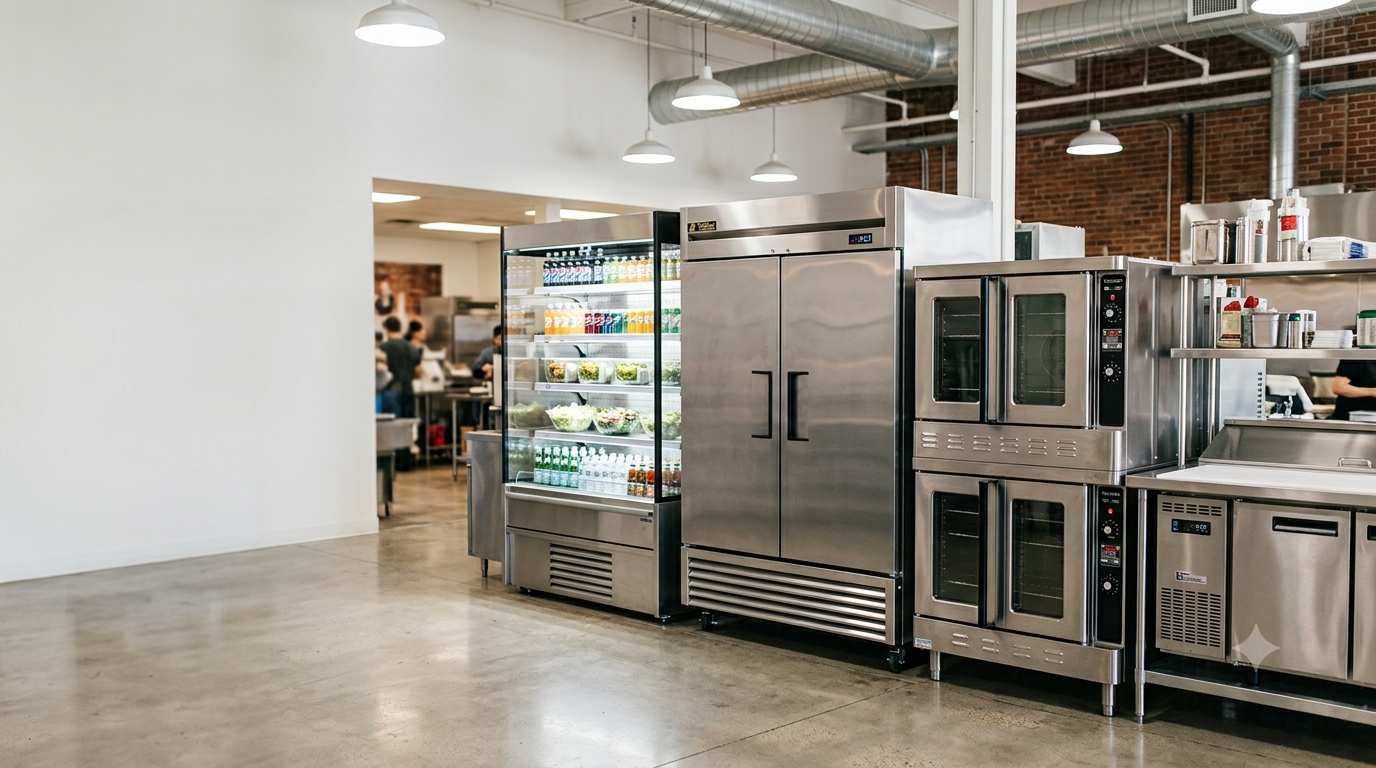 Sala de exhibición con equipamiento de refrigeración y cocción comercial