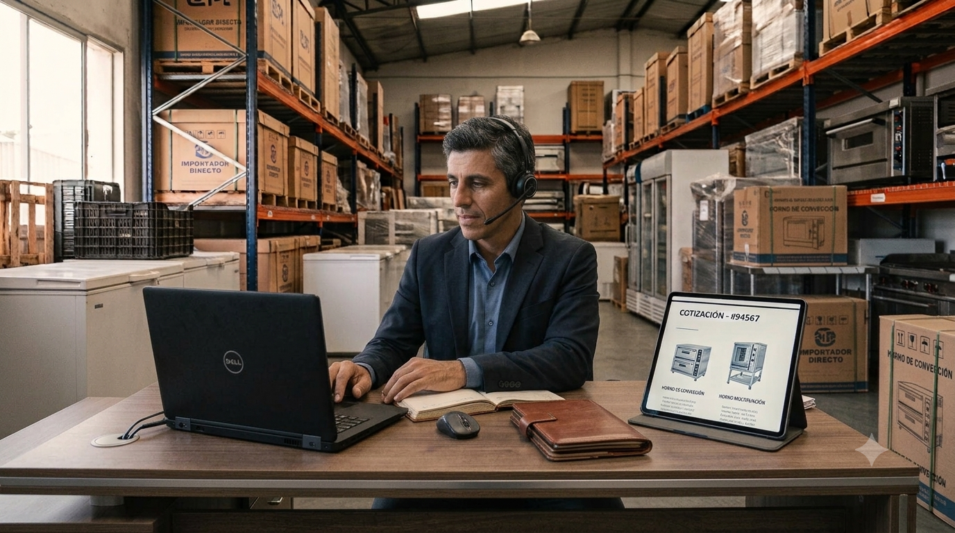 Asesor comercial de GA Instalaciones atendiendo una consulta y preparando una cotización en el depósito de la empresa