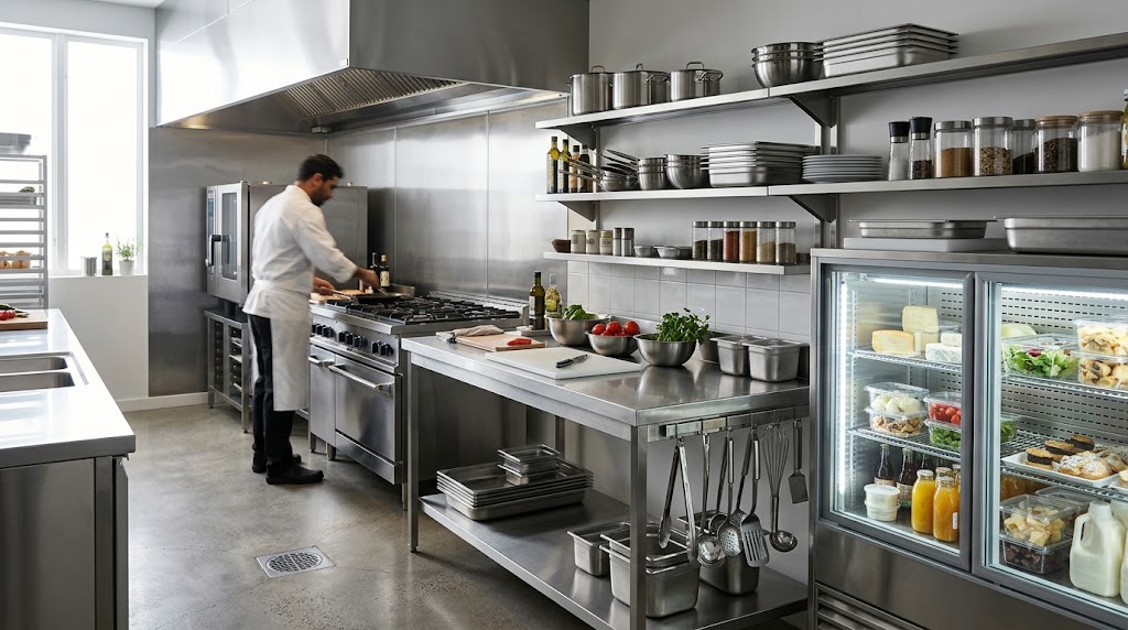 Cocina profesional con mesada de acero inoxidable, vitrina refrigerada y horno industrial
