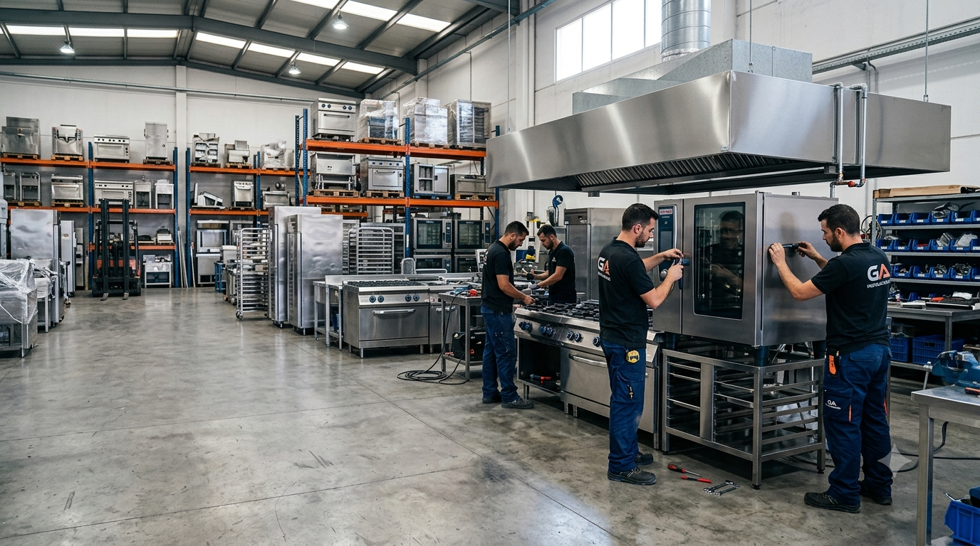Equipo técnico de GA Instalaciones trabajando en equipamiento de cocina comercial en el depósito de la empresa